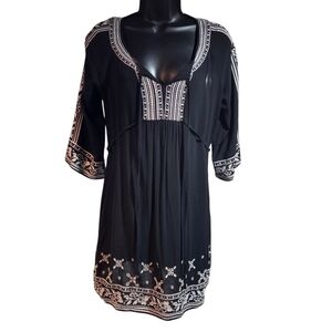 Forever 21 Juniors Black Tunic With Tie Back And White Embroidery Size M